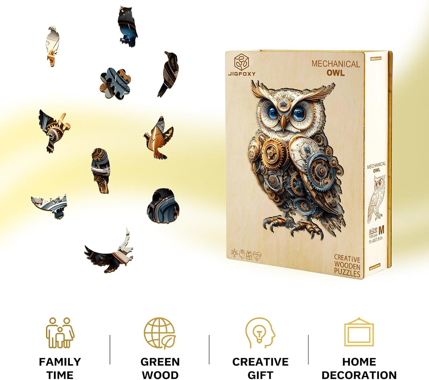 Jigfoxy Wooden Puzzles for Adults, Mechanical Owl Wood Puzzles Adult, Unique Animal Shape Wooden Jigsaw Puzzles for Adults, Birthday Gifts for Puzzle Lovers, Family(M-11.4 * 7.8in-145pcs)