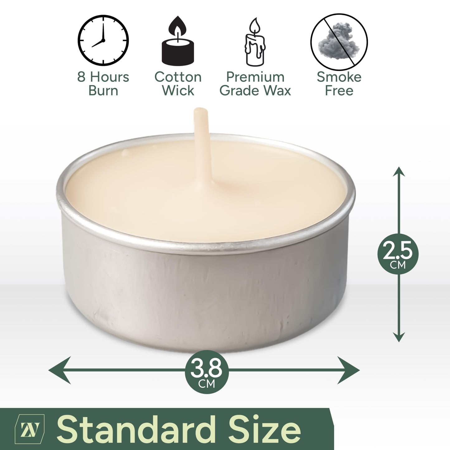 Zuvo 8 Hour Tea Light Candles - 50 Pack, Smokeless & Unscented, White, Wax, 3.8 x 2.3 CM, Model 90126C