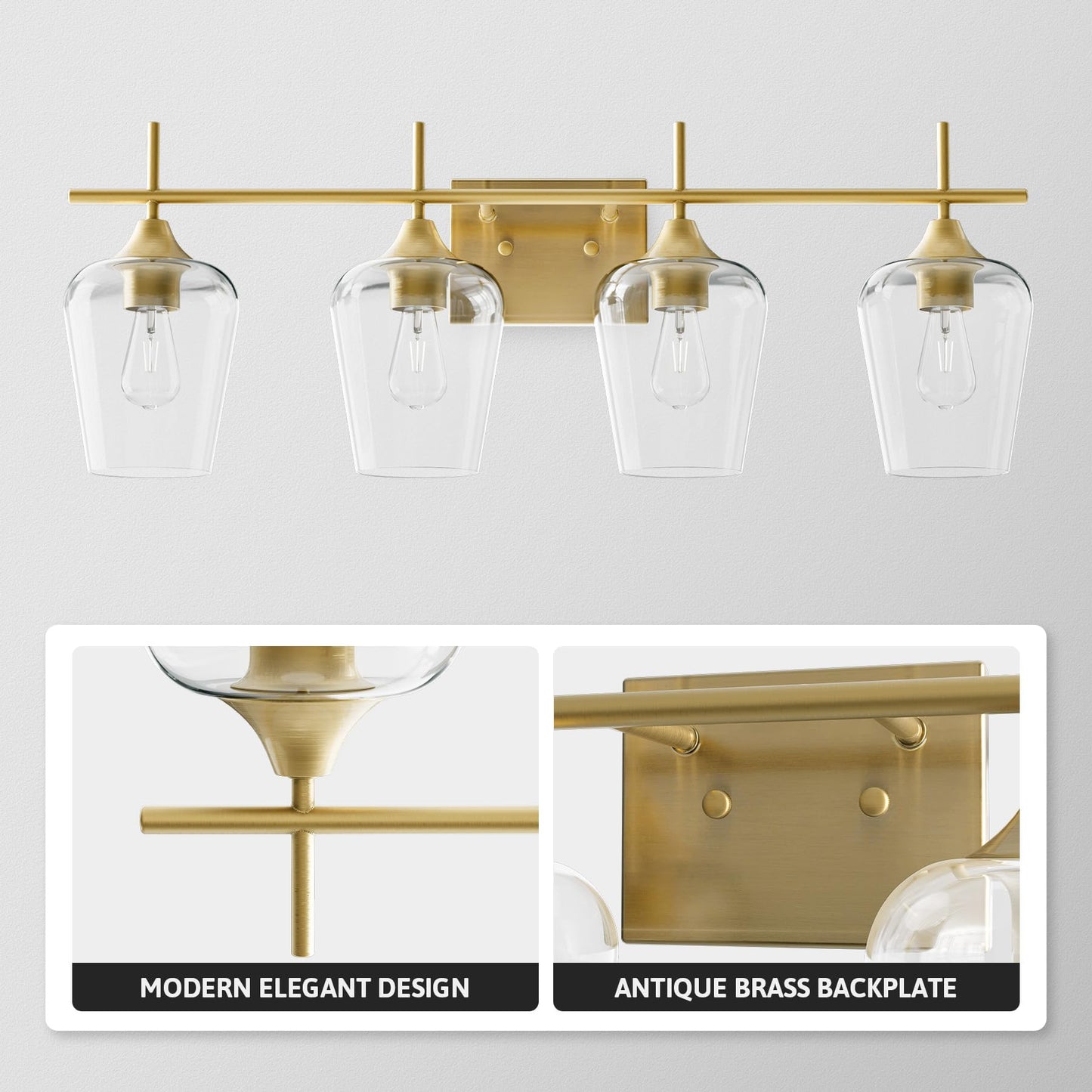 VONLUCE Bathroom Vanity Light Fixture, 4-Light Modern Gold Wall Lamp Over Mirror, Model HCF2804GD