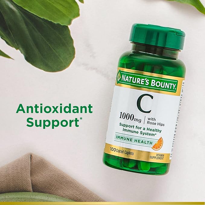 Nature's Bounty Vitamin C + Rose HIPS, Immune Support, 1000mg, Coated Caplets, 100 Ct