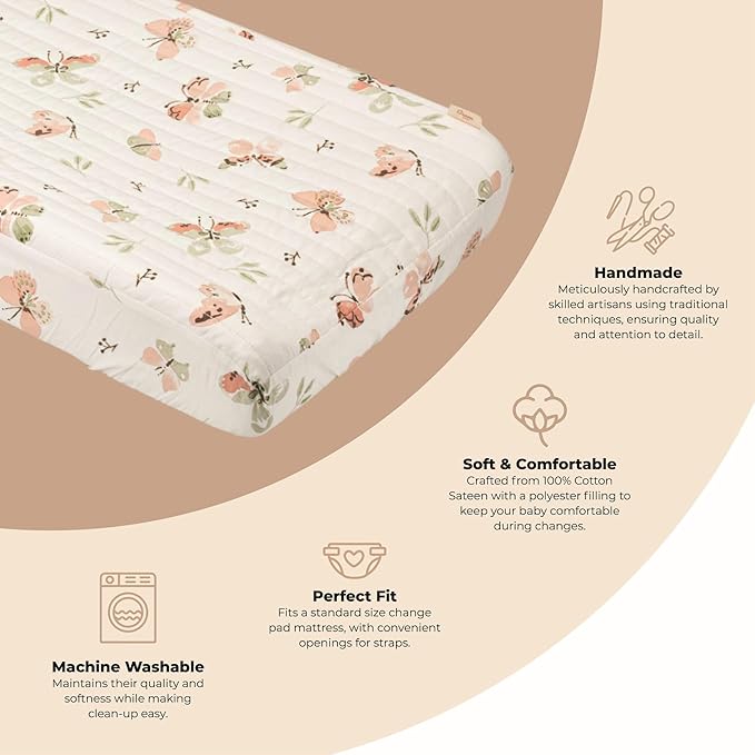 Crane Baby Woodland Quilted Changing Pad Cover Cotton Sateen, Secure Elastic Fit, Pink Boho Rainbow Change Pad Cover for Girls, Diaper Changing Pad Cover, Girls Nursery Decor