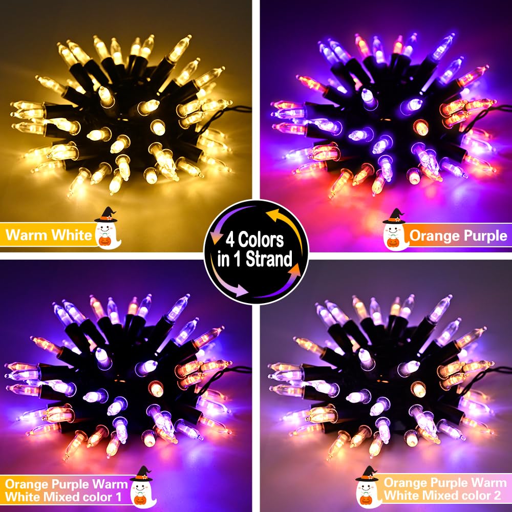 KOUQIYA Battery Halloween Lights 50 LED Mini String Lights 17ft Waterproof, Dual Color Changing, Orange Purple & Warm White, 2 Pack