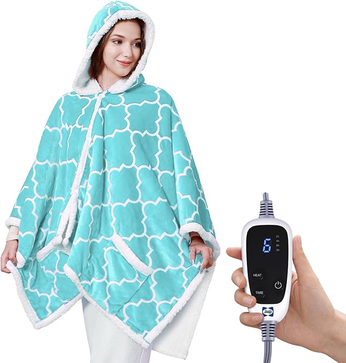 Sealy Wearable Heated Throw Blanket, Flannel & Sherpa Electric Throw Shawl Poncho with Hoodie & Pocket, 6 Heating Levels &...