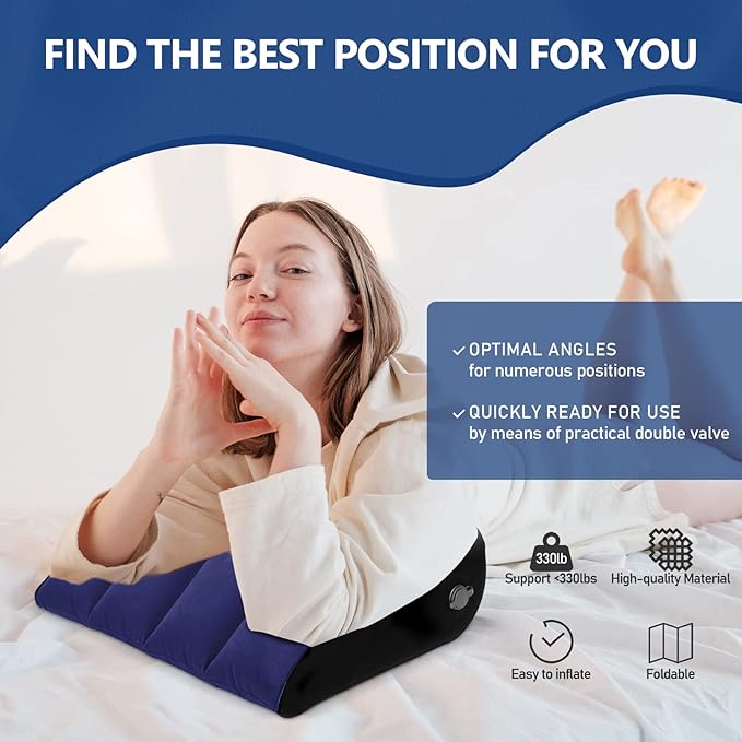 Inflatable Wedge Pillow Blue Minimalist Yoga Posture Aid Cushion Lumbar Leg Support Pillow Reduces Waist and Back Pressure Wedge Cushion for Sleeping, Leg Elevation, Travel