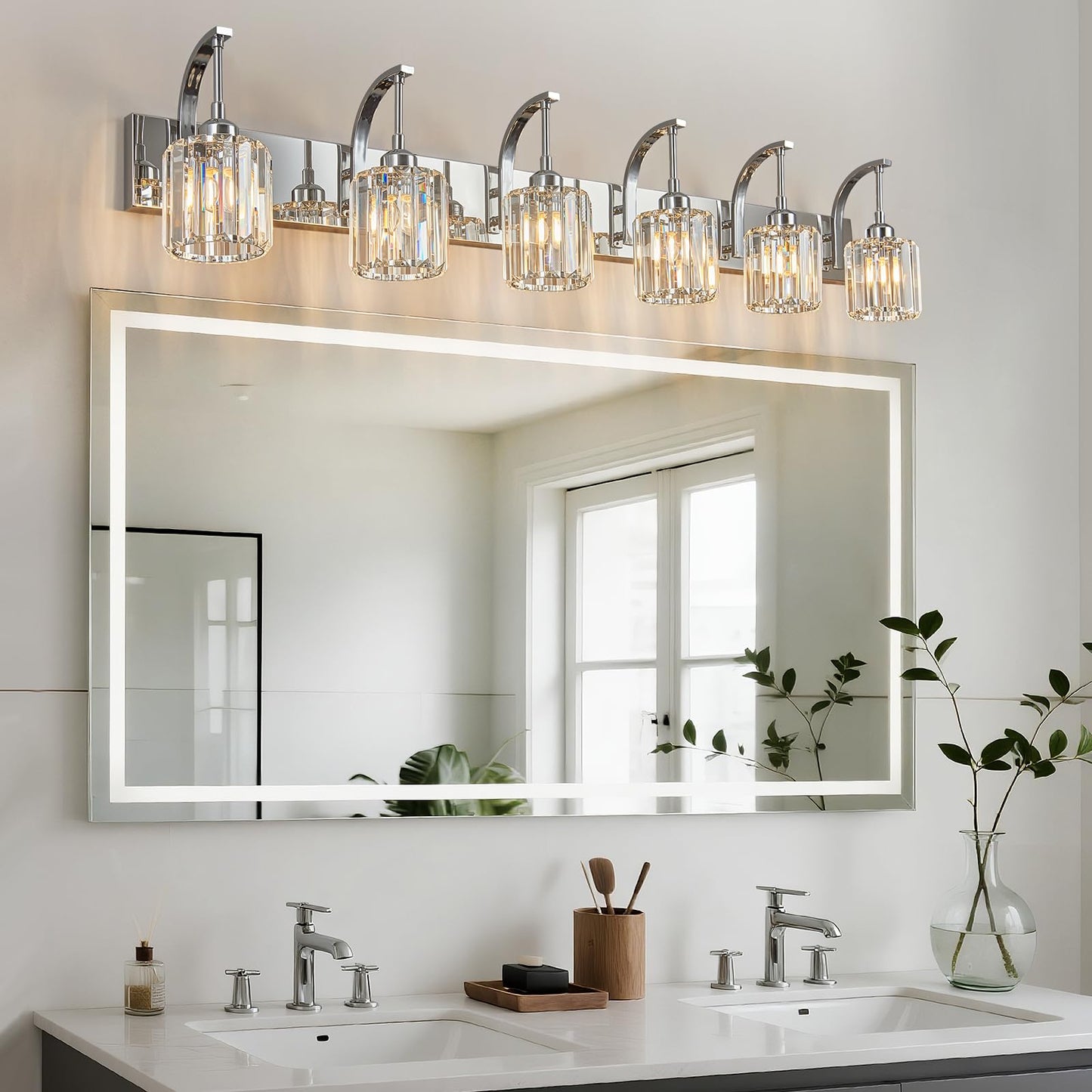 Fdpby 6-Light Crystal Vanity Light  Chrome Modern Wall Sconce With K9 Crystal Shades  51.18 Long Over Mirror Lighting For Bathroom  Makeup  Hallway  Elegant & Easy Install