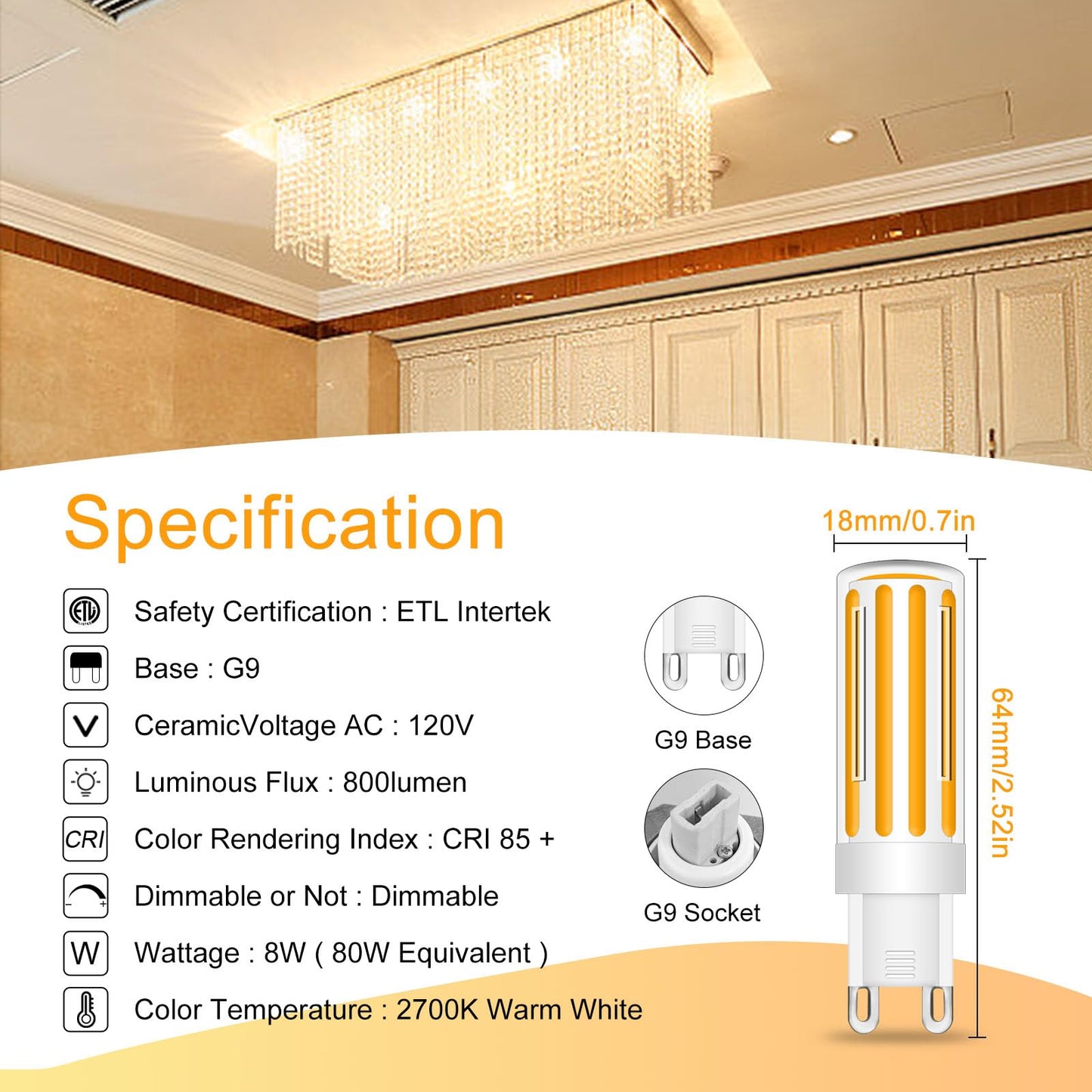 Lflampon G9 Led Bulb Dimmable 8W  60-80 Watt T4 G9 Halogen Equivalent  2700K Soft Warm White  Ceramic G9 Bi Pin Base  120V 800Lm For Chandelier Ceiling Pendant Lighting(5 Pcs)