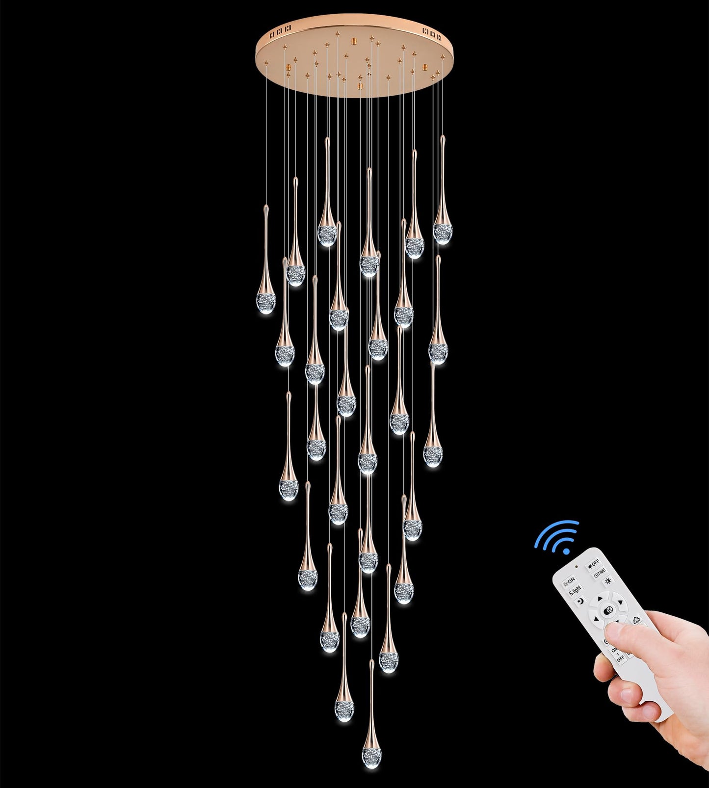 Upfelw 7-Light Modern Crystal Chandelier, Gold, Dimmable LED, H60in  High Ceiling, Model UCC-G07-0436