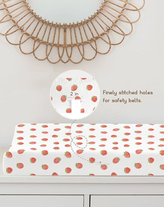 Changing Pad Cover for Baby Boy Girl 2 Pack, Muslin Changing Table Pad Covers with Boho Style, Neutral Nursery Bedding Essentials Soft and Breathable (Strawberry & Pale Pink)