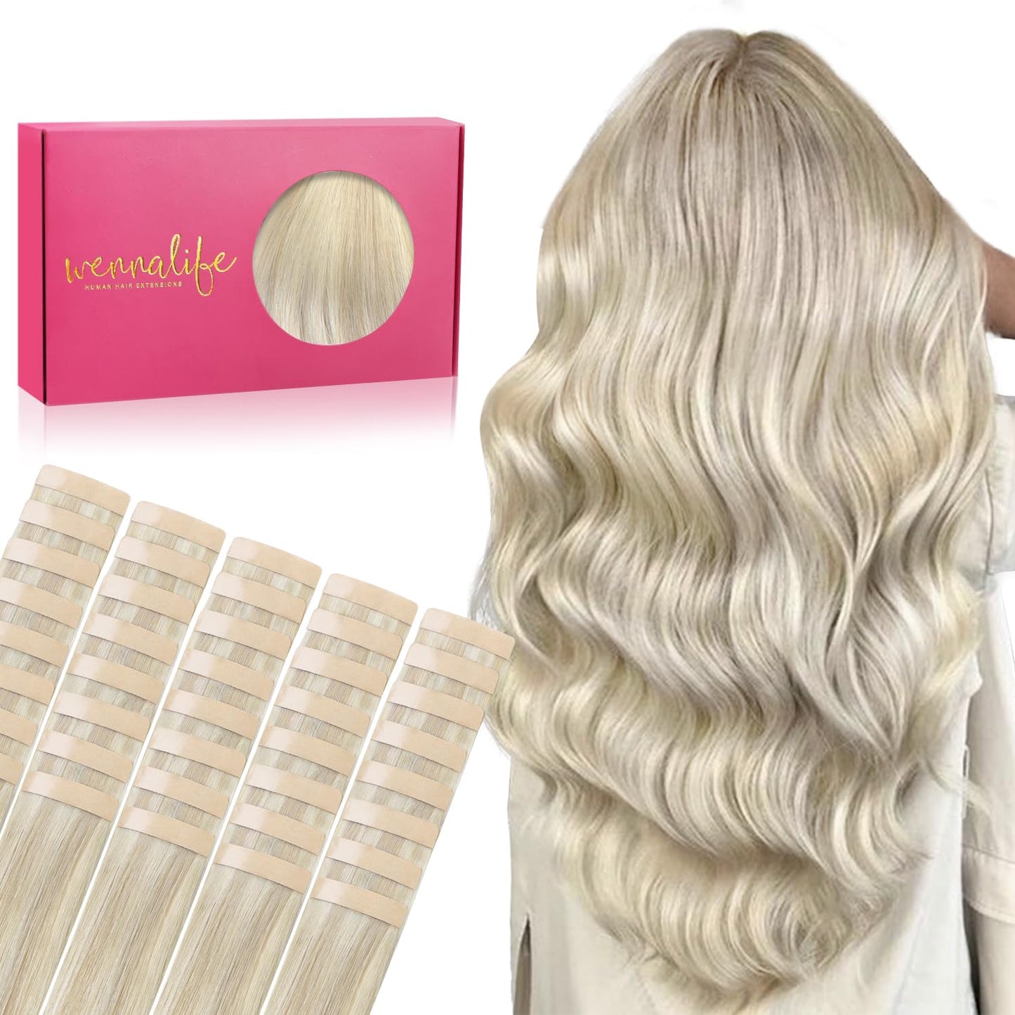 WENNALIFE Tape in Hair Extensions Human Hair, 40pcs 100g 24 inch Ash Blonde Highlighted Platinum Blonde Hair Extensions Real Hum