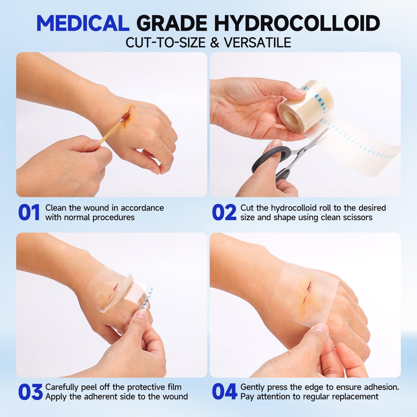 Hydrocolloid Roll for Wound Care - Medical Grade Self-Adhesive Gel Bandages, Ultra Absorbent & Waterproof Bandage, DIY Cut-to-Size First Aid Supply (2in×10ft)