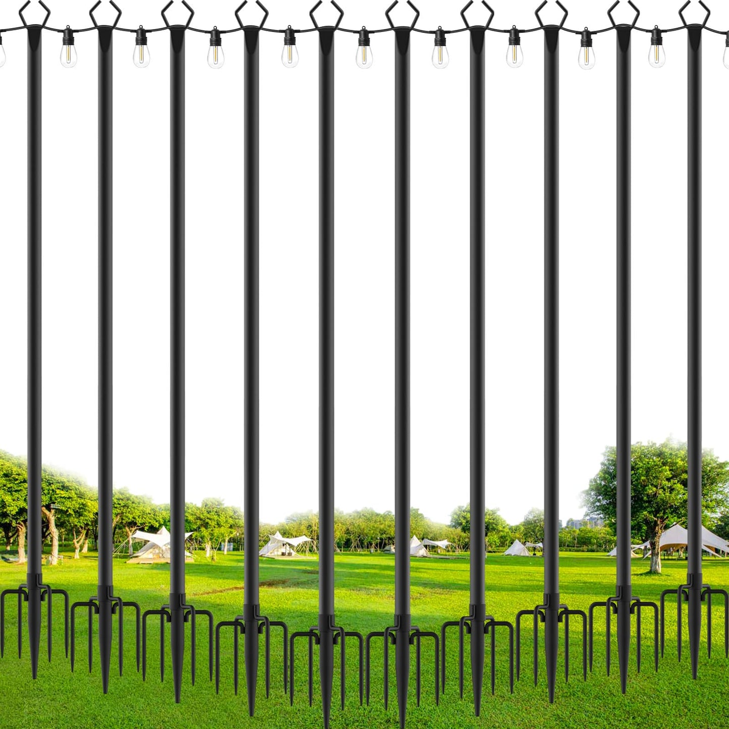 SINLEY String Light Poles, 10 Ft Metal Poles with Fork, 10 Pack, Black for Outdoor Use, Patio, Deck, Garden, Party