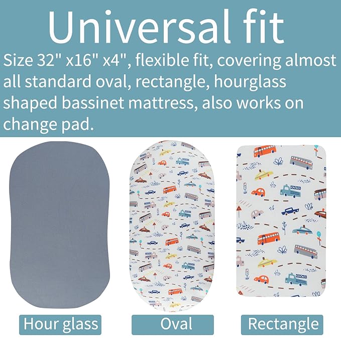 Bassinet Sheet Set 2 Pack Snug Fitted Cradle Fitted Sheets, Stretchy Ultra Soft, for Oval Rectangle Hourglass Bassinet Mattress, Unisex Boy Girl, Grey & Car