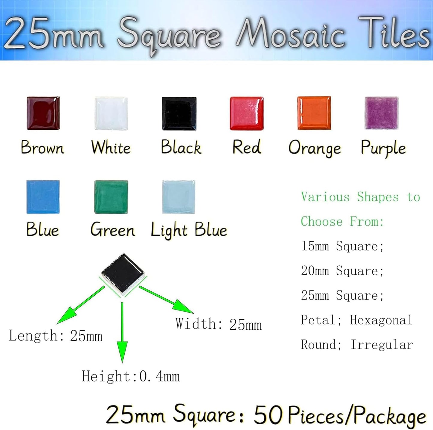50 Pieces White Mosaic Tiles for Crafts 1" Ceramic Tiles Assorted Colors Square Ceramic Mosaic Project Supplies for Photo Frame Mosaic Stepping Stones Bath Old Pool Furniture Decor