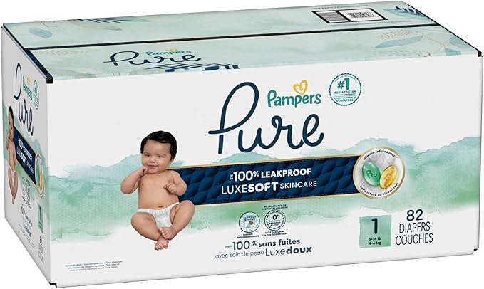 Pampers Pure Protection Baby Diapers, Size 1 (8-14 lbs), 82 Count, Up to 100% Leakproof, Premium Plant-based Skin Protection, Hypoallergenic Soft Diapers