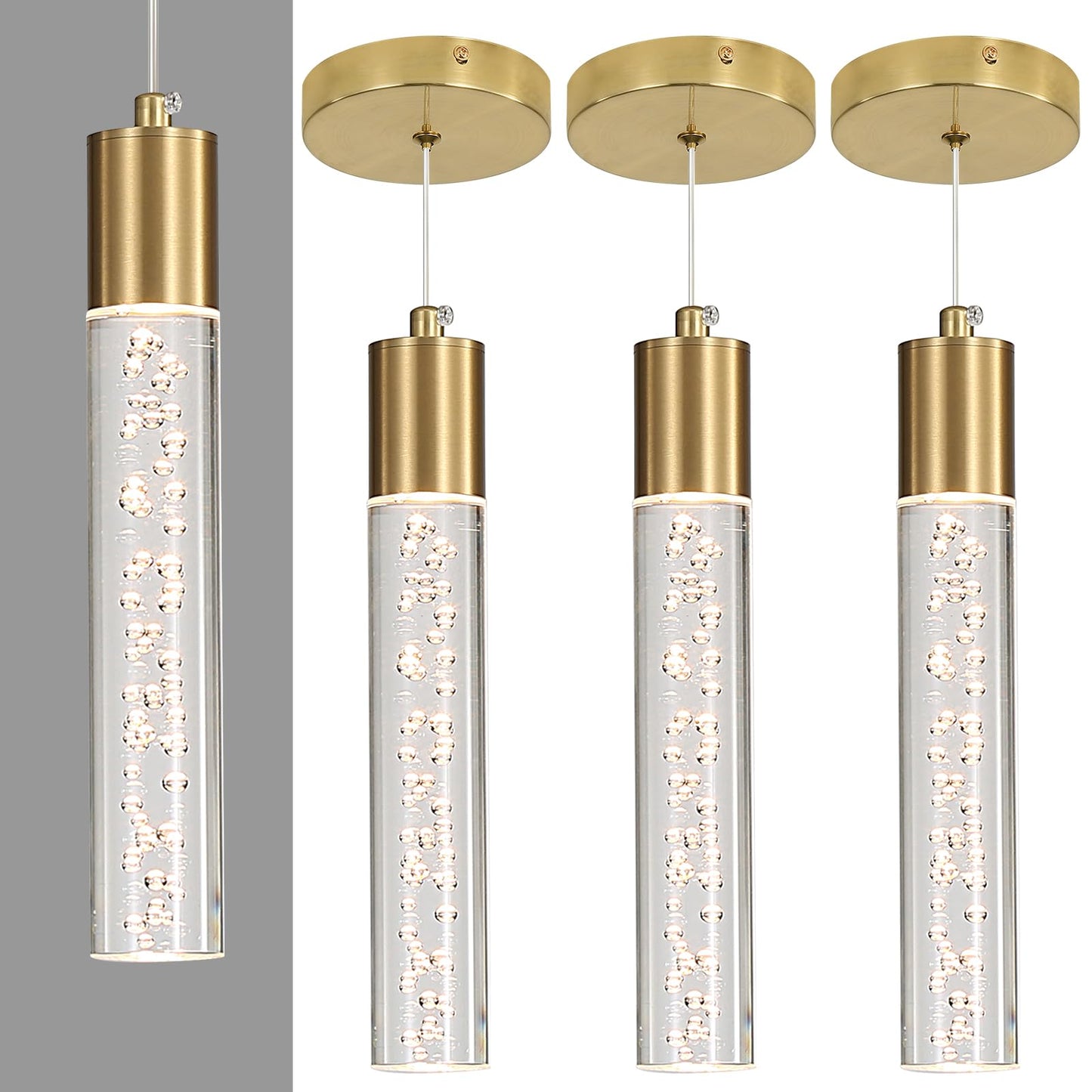 3 Pack Modern Kitchen Island Hanging Light  Gold Led Pendant Lights Fixture  Bubble Acrylic  3 Color Temperatures  Mini Ceiling Chandelier Lighting For Dining Room  Bedroom  Foyer Entrance  Cafe Bar