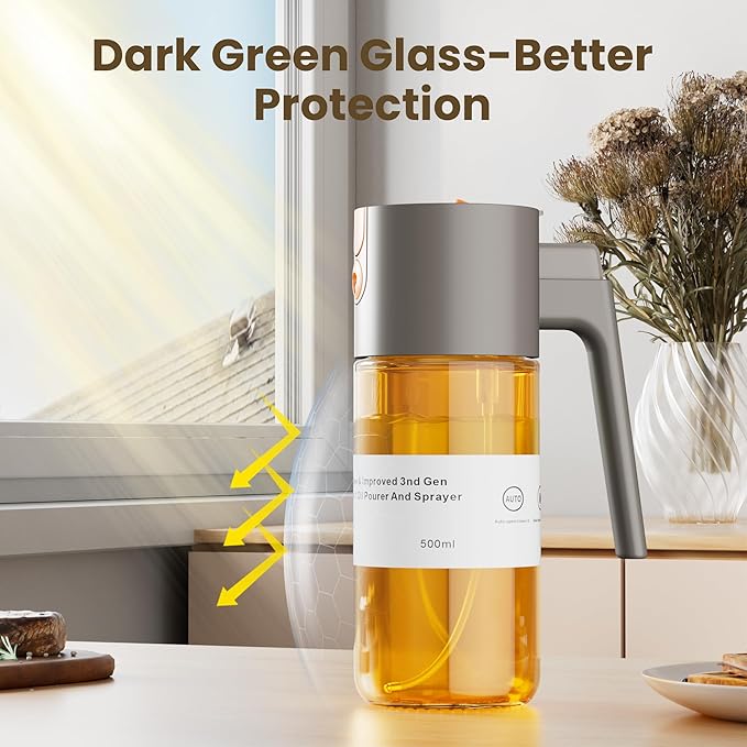 Upgrade 2 in 1 Oil Sprayer for Cooking, Olive Oil Dispenser Bottle for Kitchen Gadgets with Stickers, 17oz/500ml Food Grade Light-Blocking Glass Spray Bottle for Salad, Air Fryer, BBQ
