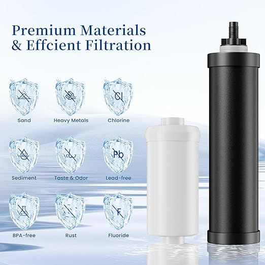 3.25G Gravity-Fed Water Filter System, NSF/ANSI Standard, 304 Stainless Steel System with 3 Carbon Filters, 3 Fluoride Filters and Stand, Reduce 99% Chlorine, Lead and Fluoride