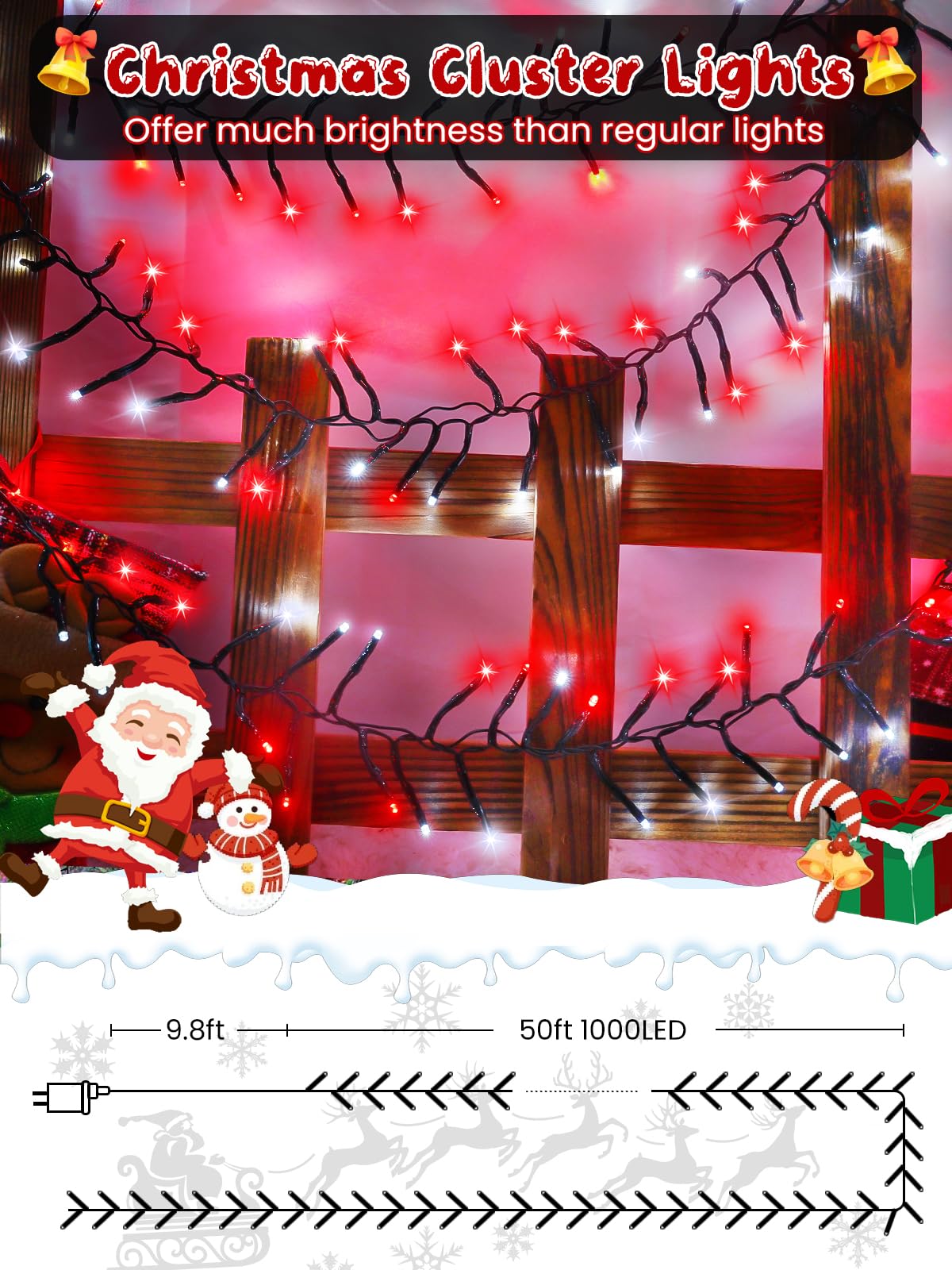 50Ft 1000 Led Christmas Cluster Lights  Fire er String Lights With Remote & 8 Modes & Timer  Waterproof Fairy Twinkle Light Plug In For Indoor Outdoor Party Garden Xmas Tree Decoration  Red White