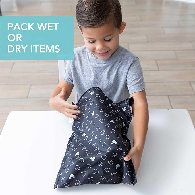 Bumkins Disney Waterproof Wet Bag for Baby, Travel, Swim Suit, Cloth Diapers, Pump Parts, Pool, Beach, Gym Clothes, Toiletry, Hook to Stroller, Daycare, Zip Reusable Wetdry Packing, Mickey Mouse Icon