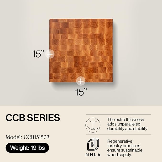 John Boos CCB Series Square Wooden Maple Cutting Board 15”x15” – 3” Thick, 19-lb Reversible Butcher Block with End-Grain & Finger Grips – Made in the USA