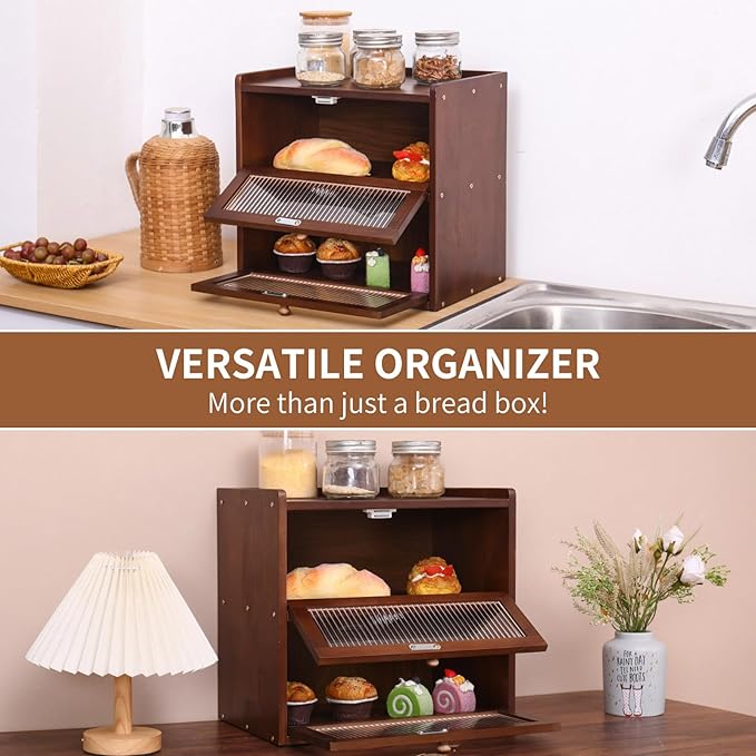 Double Layer Large Bread Box for Kitchen Counter, Wooden Bread Storage Container with Acrylic Window (brown)