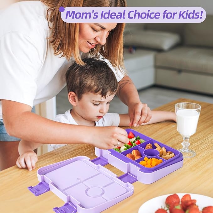 Bento Lunch Box for Kids, 6 Compartments BPA Free, Dishwasher Safe Back to School Snack Bento Lunch Containers Boxes, Ideal Portion Sizes for On-the-Go Meal, Ages 3+, School, Purple Patterned