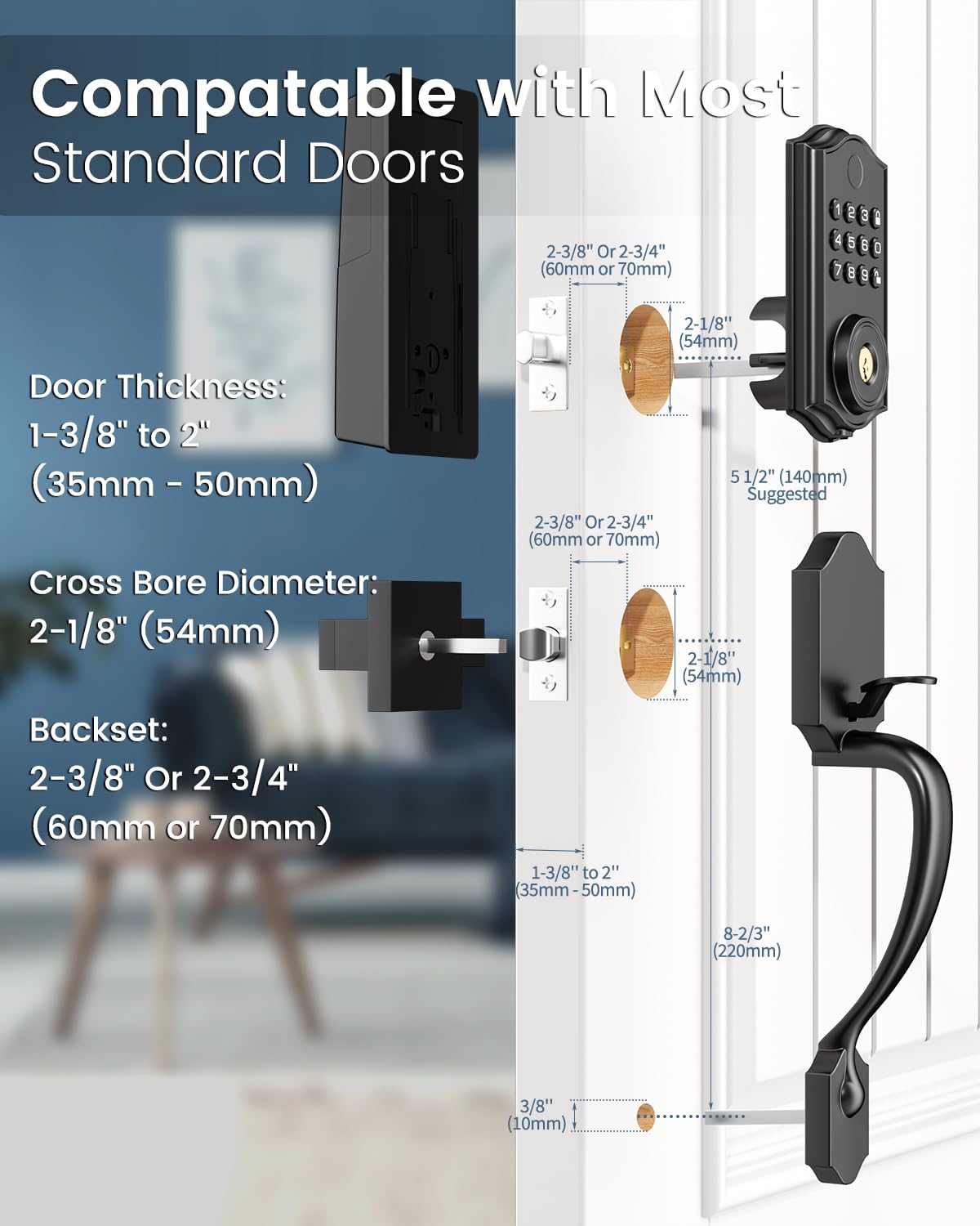 Smart Front Door Lock Set, APP Control Keyless Entry Door Lock with Handle, Smart Fingerprint Deadbolt, Anti-Peeping Electronic Keypad, Auto Lock, Easy Install, Black