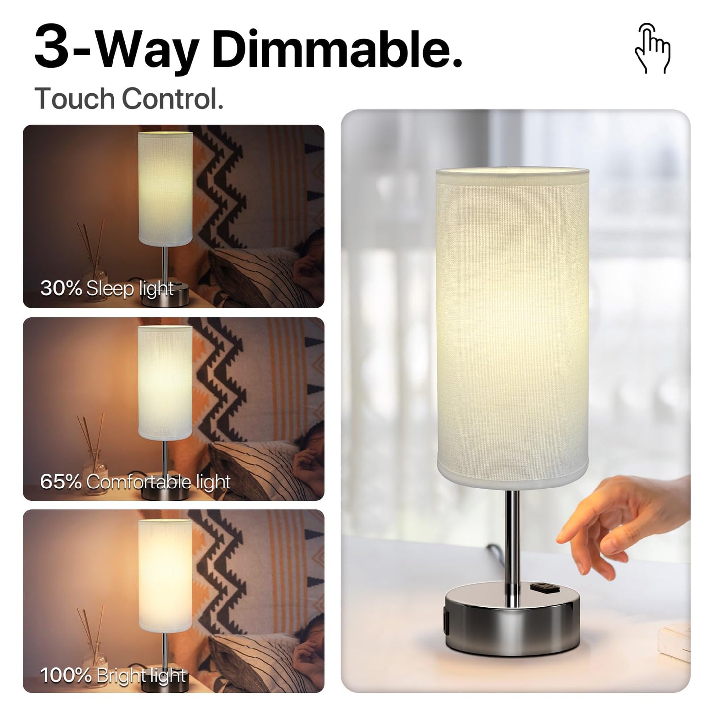 Kpq Small Bedside Lamp Touch Control Table Lamp With Usb A+C Charging Ports & Ac Outlet 3-Way Dimmable Nightstand Lamp With Linen Fabric Shade For Bedroom Living Room