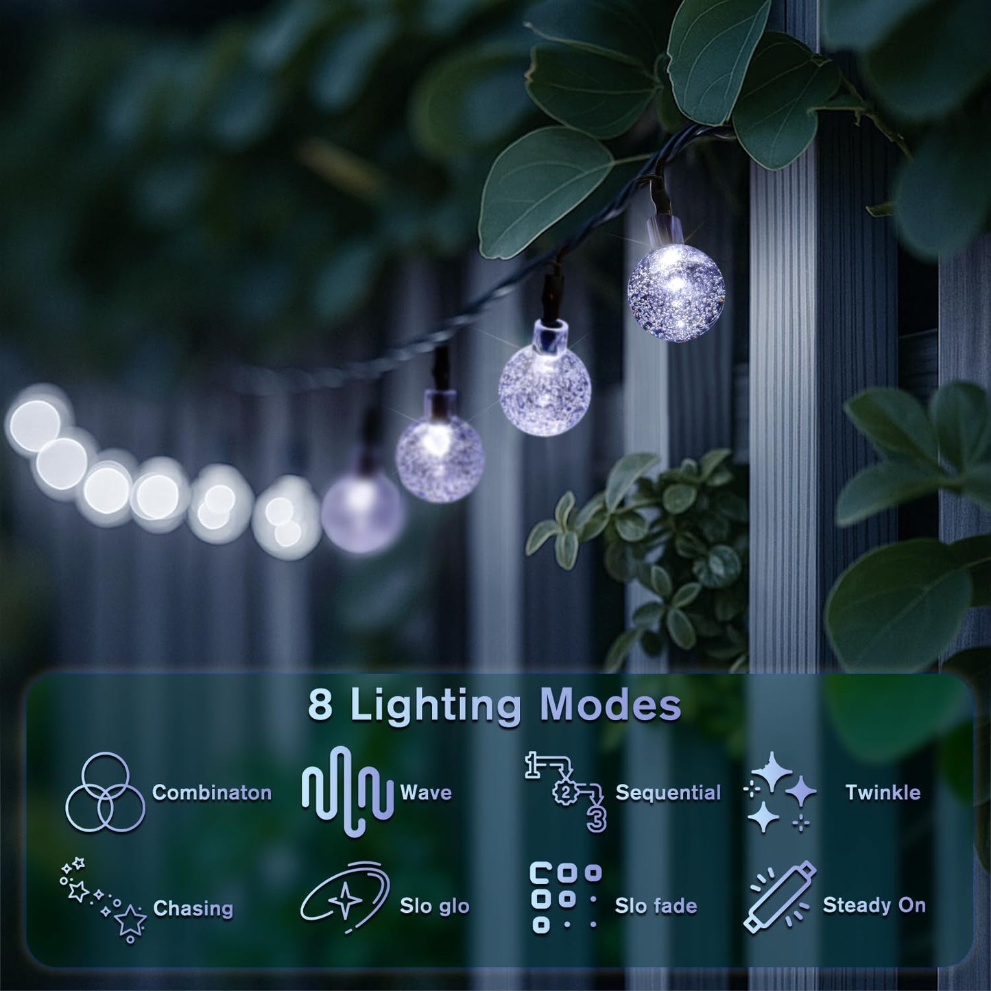 Metaku Solar String Lights, 72FT 120 LED, 8 Lighting Modes, 2 Pack, Cool White, Plastic