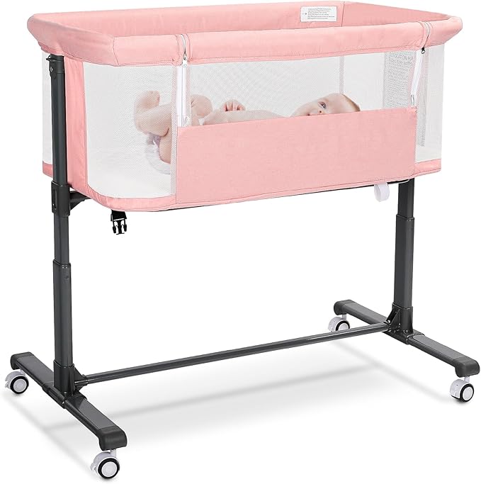 Baby Bassinet Bedside Sleeper, 2 in 1 Folding Portable Newborn Bedside Sleeper, All-Sided Mesh Infant Travel Crib for Toddlers, 6 Adjustable Height, with 4 Wheels, Grey