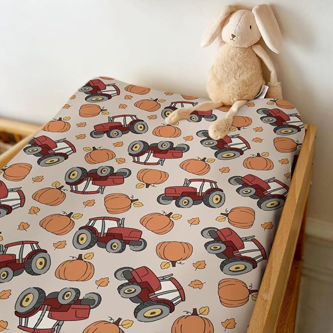 Red Tractors Pumpkins Baby Changing Pad Covers for Boy Girl Autumn Farm Trucks Harvest Fitted Change Table Mats Fall Farmhouse Vehicle Soft Diaper Changing Pad Sheets for 32''×16'' Contoured Pad