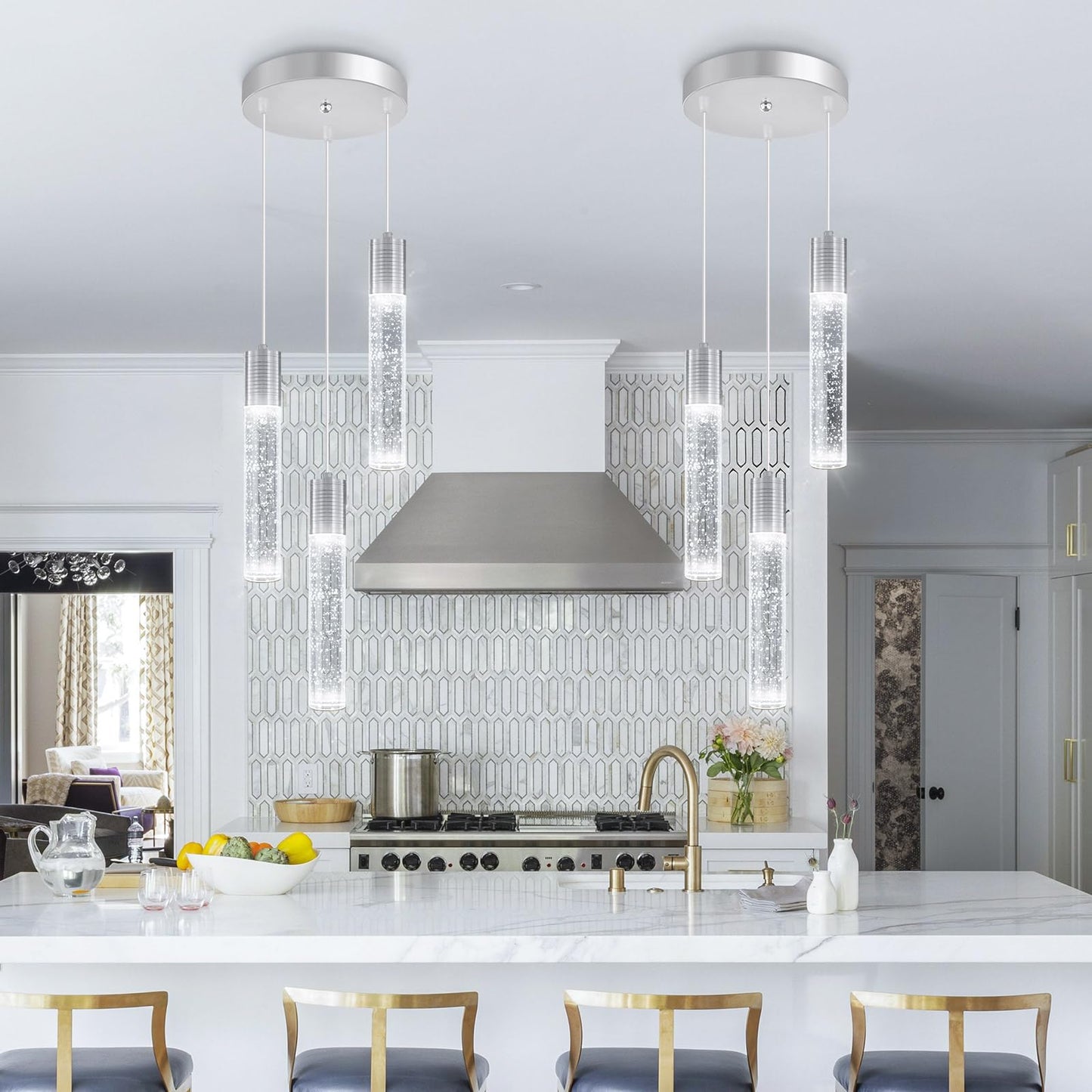 Dolria 3-Lights Pendants Light For Kitchen Island Chandeliers Dining Room Pendant Lighting Fixture Bubble Crystal Ceiling Hanging Lights Bedroom Island Kitchen 6000K White Light Fixtures Chrome
