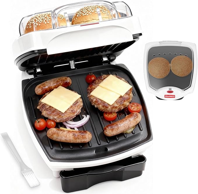 2 In 1 Hamburger Grill Maker, Electric Indoor Grill and Panini Press with Non-stick Grill Plates, 1200W, Easy to Clean and Store, White