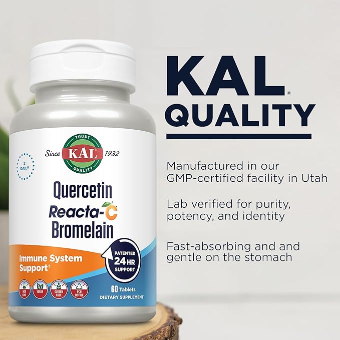 KAL Quercetin Reacta-C Bromelain Immune Support Supplement, 24 Hour Immune Defense with Bioflavonoids, Vitamin C 1000mg and Quercetin 500mg, Vegan, Gluten Free, 60-Day Guarantee, 30 Serv, 60 Tablets