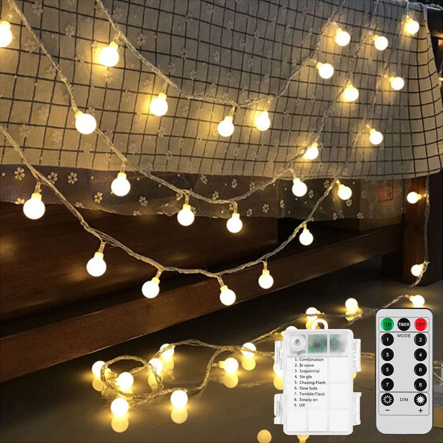 Ghustar Battery Operated Led Globe String Lights, 52Ft 120Leds, Warm White, 8 Modes, Waterproof, Remote For Home & Party Decor