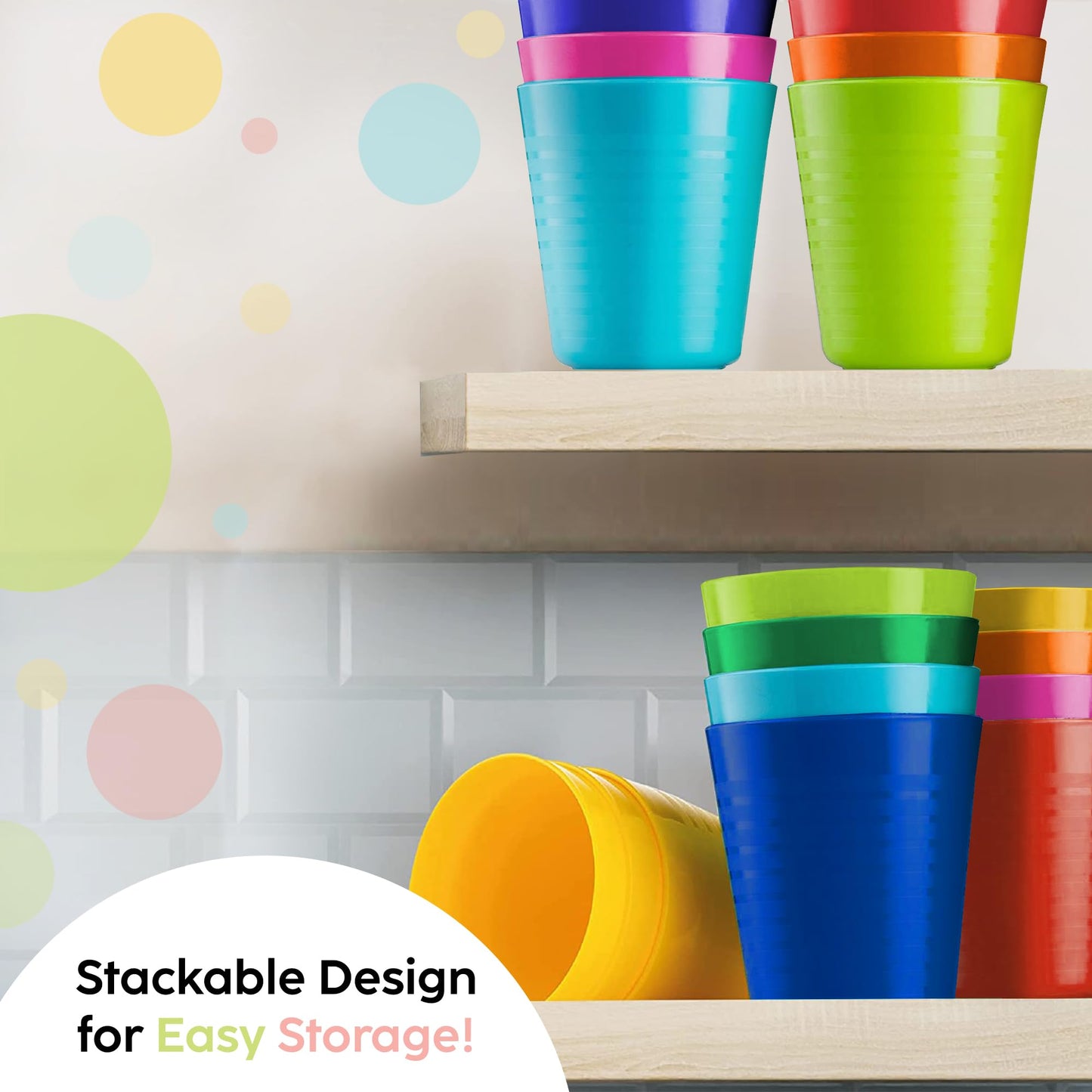 PLASKIDY Kids Plastic Cups Set of 12 Toddler Cups 8 Ounce Children Drinking Tumblers - Reusable Dishwasher Safe BPA Free