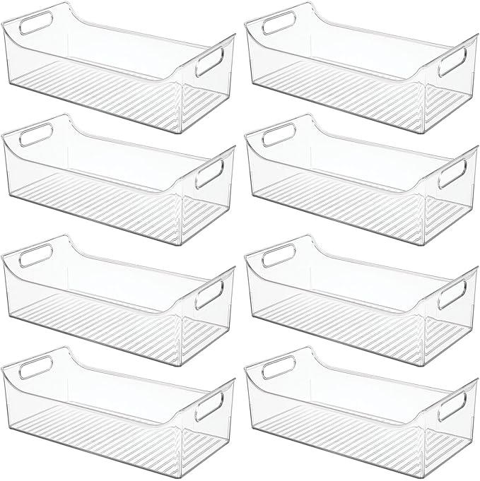 mDesign Slim Plastic Kitchen Pantry Cabinet, Fridge or Freezer Storage Bin with Handles - Organizer Containers for Fruit, Yogurt, Snacks, Pasta - 16" Long - Ligne Collection - 8 Pack - Clear