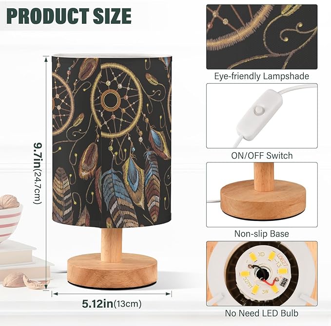 Table Lamp Native American Indian Dream Catcher Magic Ethnic Dreamcatcher Nightstand Lamp with Wood Base Fabric Lamp Shade Bedside Desk Lamp for Living Room Bedroom Kids Room Office