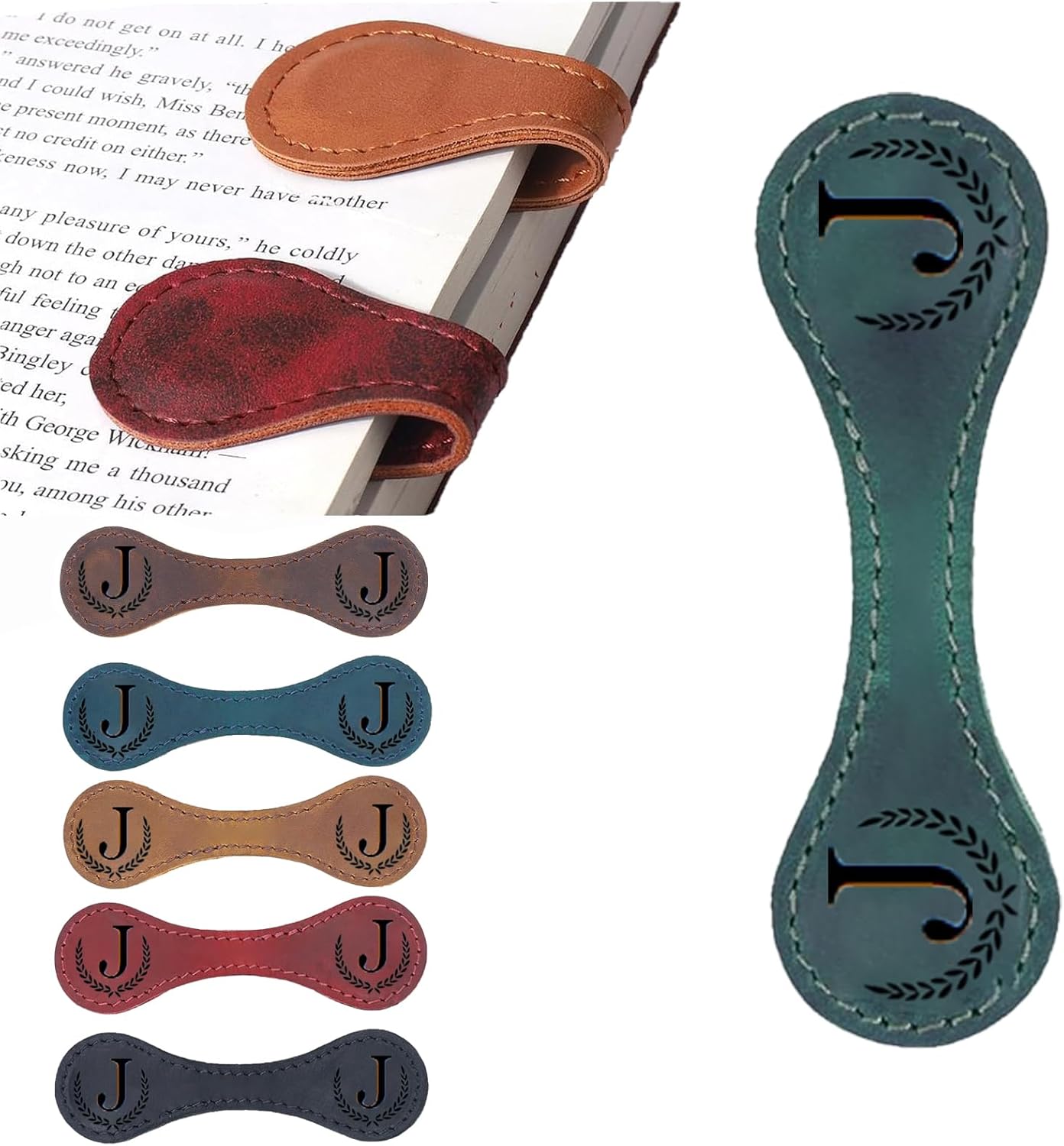 Personalized Magnetic Leather Bookmark, 26 Letters Custom Leather Bookmarks, Handmade, Leather Magnetic Bookmark for Book Lovers Readers Women Kid(Green，J）