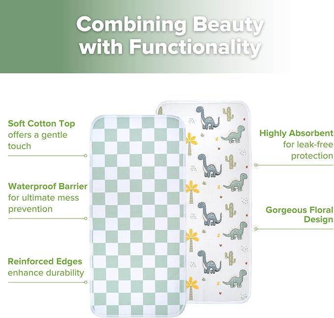 haakaa Waterproof Changing Pad Liners, 100% Cotton, Soft & Breathable (2pcs, 13" x 27.5" Dino Land+Checkered Days)