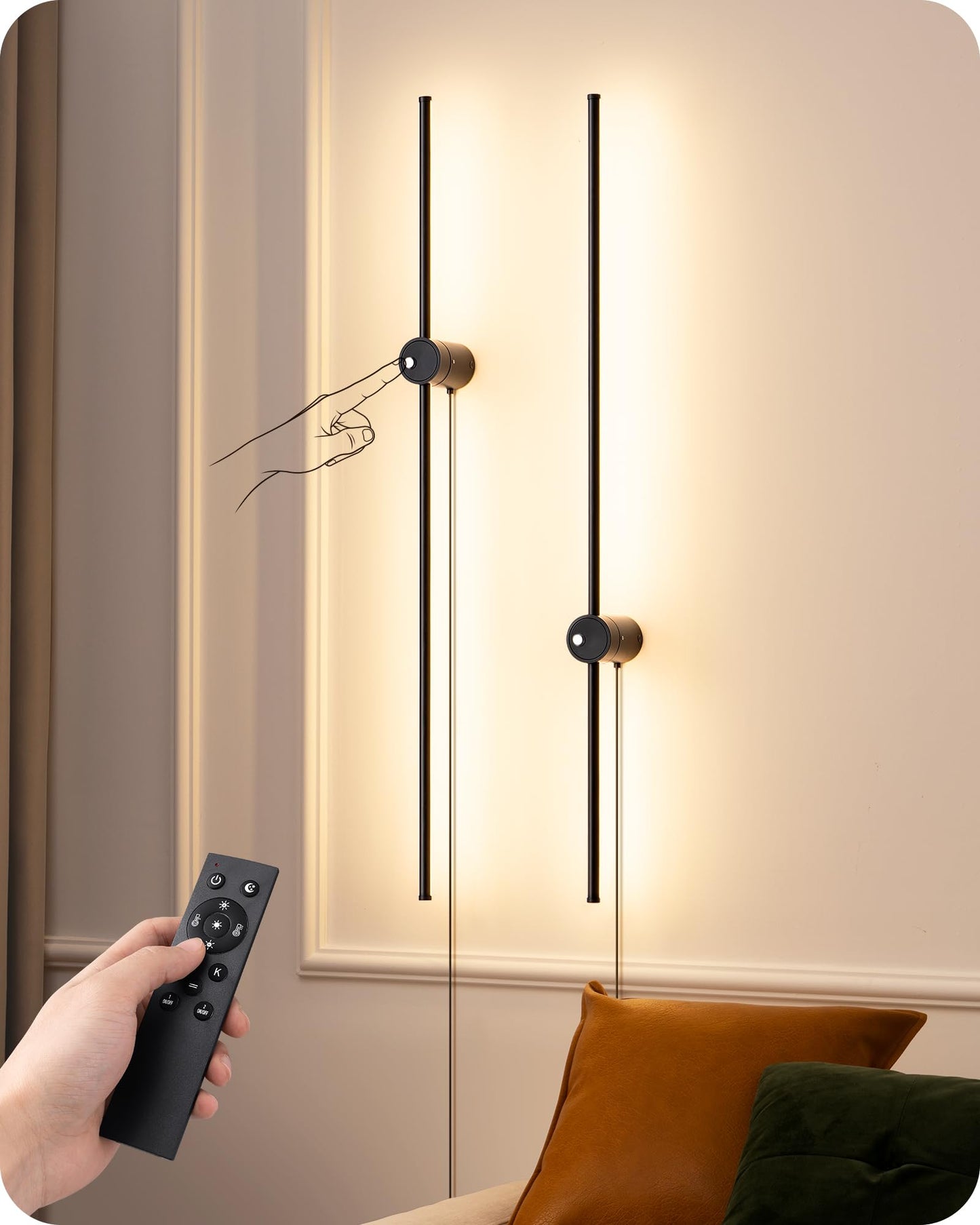 Edishine Plug In Wall Sconce Set Of Two  Stepless 2700K-6000K Dimmable Led Wall Lights  350 Rotation 39.4 Touch Wall Sconce With Remote  Timer  Night Light Mode For Living Room Bedroom Hallway