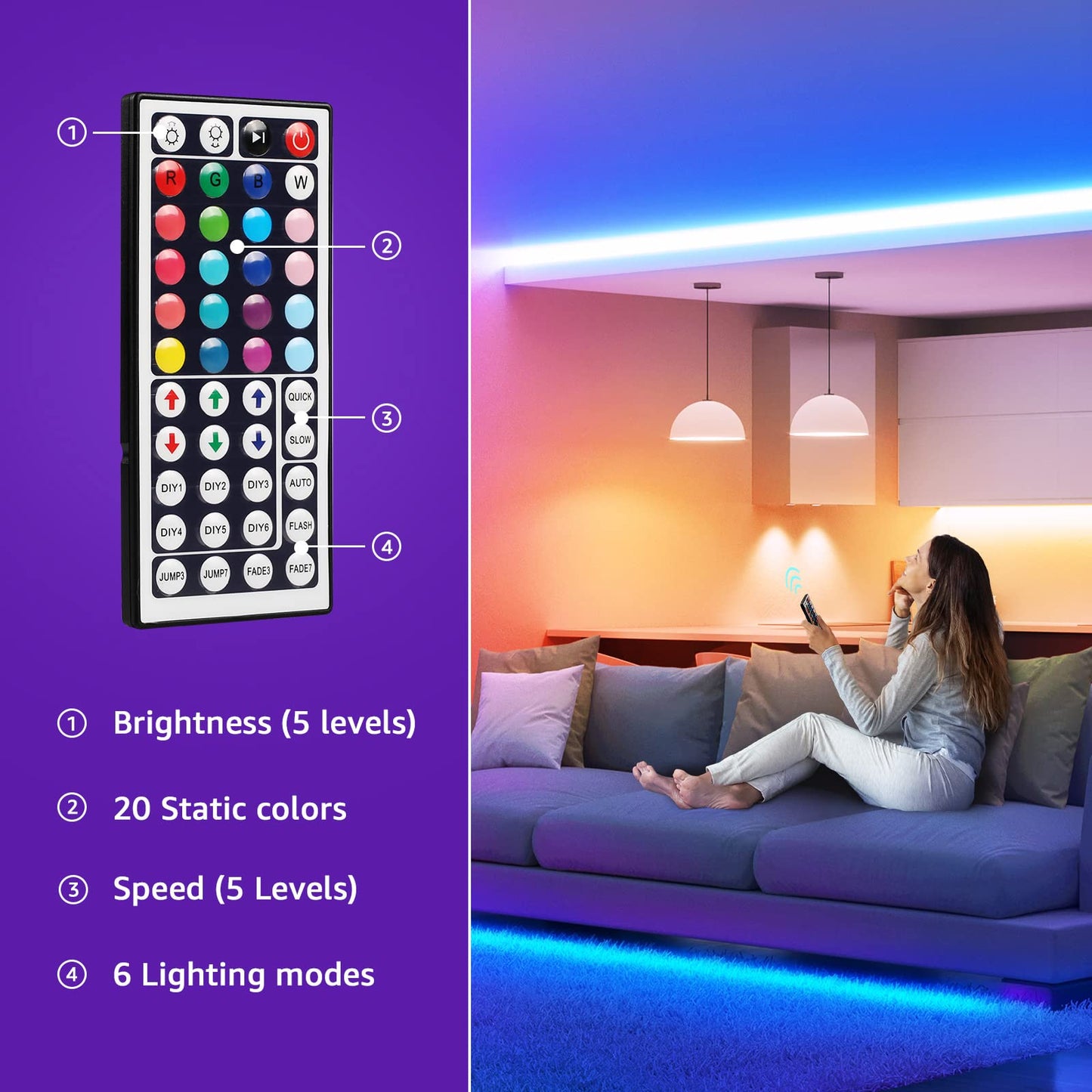 Lepro LED Strip Lights, RGB 5050 Color Changing Tape Light, 16.4 ft with Remote Controller for Room, Bedroom, TV, Kitchen