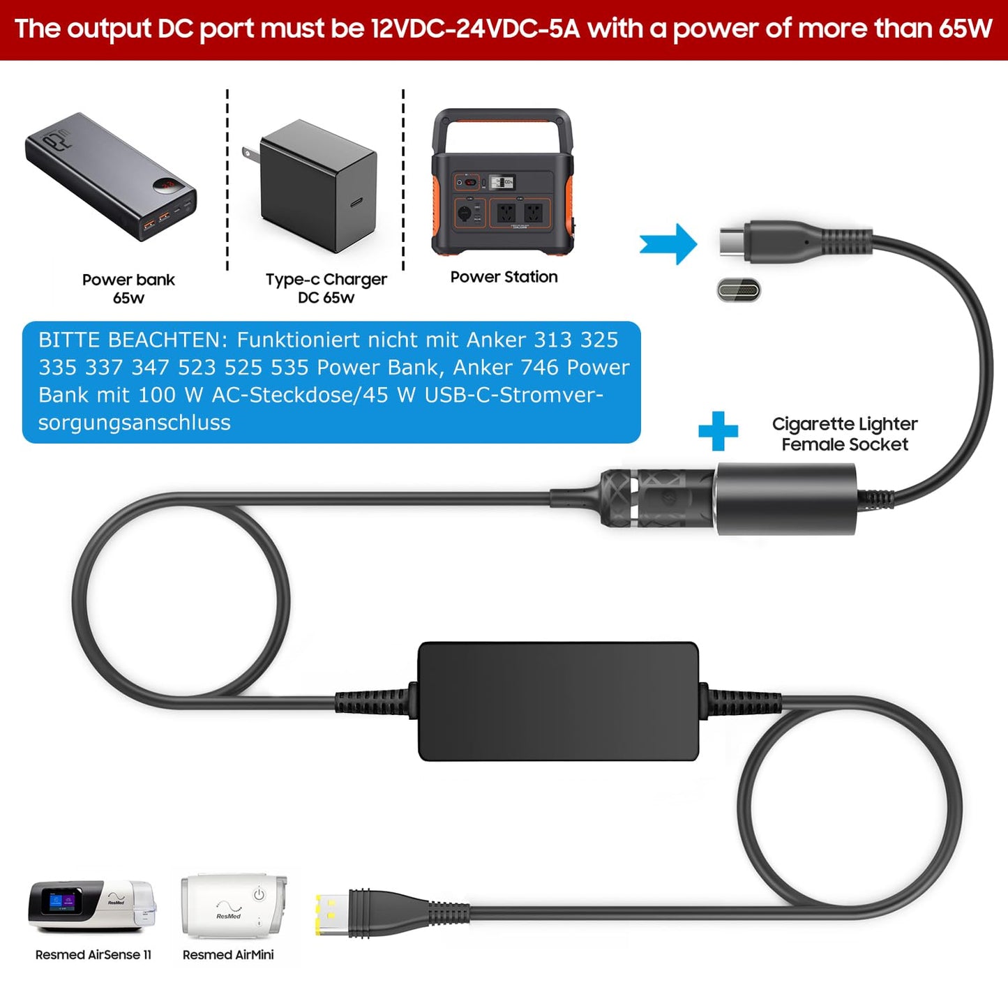 ResMed AirSense 11 DC Converter, TAIFU 20V PD USB-C Adapter for AirSense 11 Supplies 65W AutoSet Elite CPAP Air11 39205 E1399 Machines Power Supply Cord