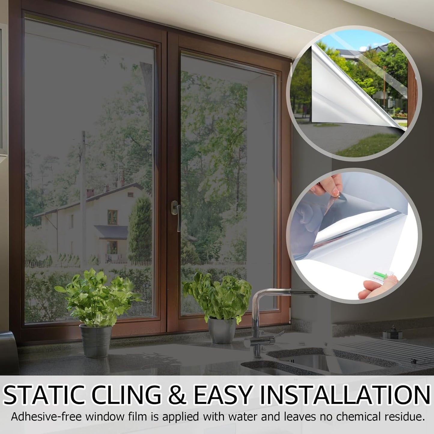 HIDBEA One Way Window Film, Daytime Privacy Sun Blocking Reflective Window Film No Glue Static Cling Heat Control Window Tinting Film for Home and Office, Black Silver, 17.5 x 78.7 Inch