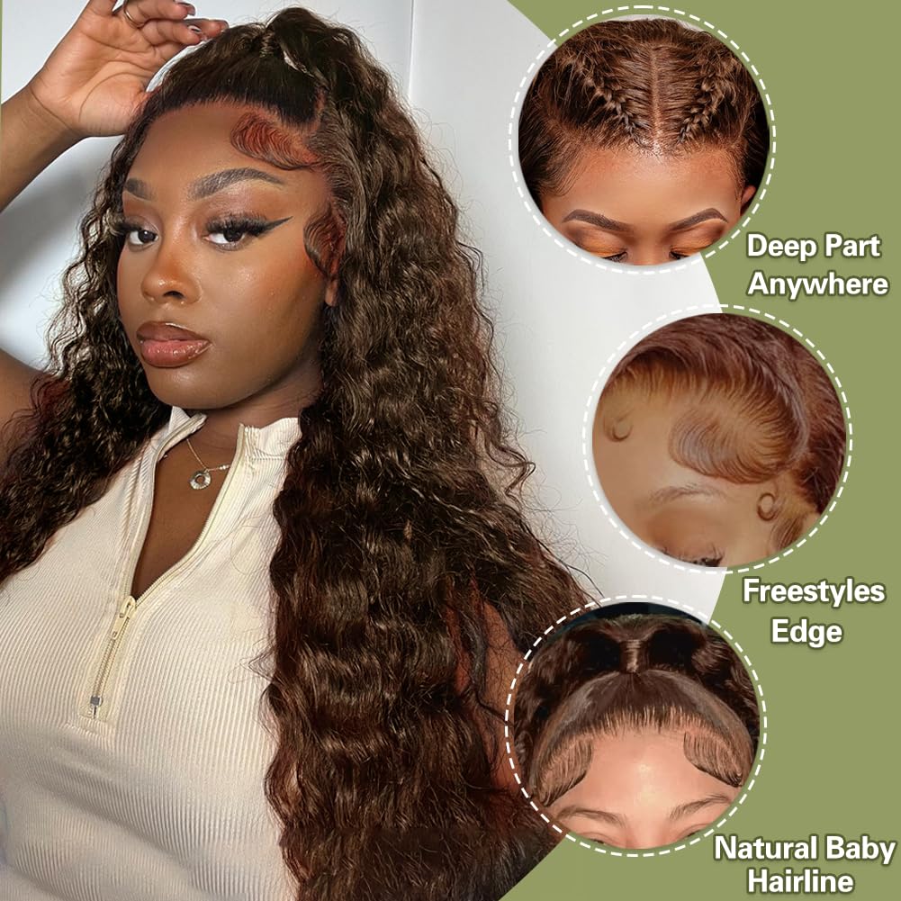 32 Inch Chocolate Brown Lace Front Wig Human Hair Pre Plucked Water Wave Lace Front Wigs Human Hair 180% Density Wet And Wavy 13