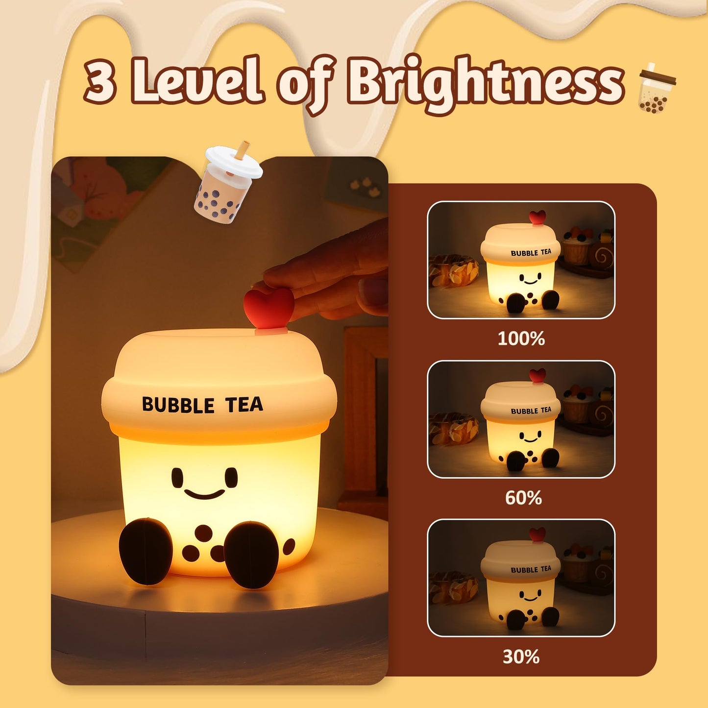 Attivolife Bubble Tea Night Light  Cute Boba Tea Nursery Silicone Lamp  Rechargeable Protable For Bedroom Home Table Decor Light With Dimmable & Timer  Christmas Birthday Gift For Kid Children Toddler