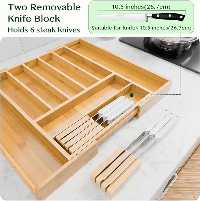 Bamboo Silverware Drawer Organizer, Expandable 13" to 20" Wide Kitchen Utensil Holder with 2 Knife Blocks, 7-9 Slots Cutlery Tray for Flatware (Natural)