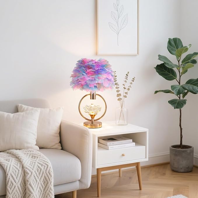 Colorful Feather Lamp Unique Feather Bedside Nightstand Light Goose Furry Desk Lamp Romantic Atmosphere Table Lamp for Girl Bedroom Wedding Decor Living Room Hotel 17IN