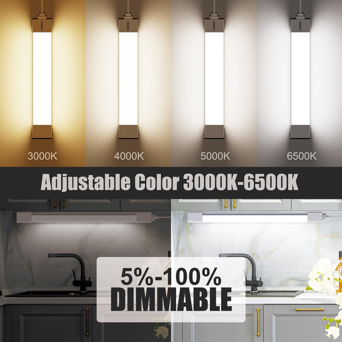 ONIDEK Under Cabinet Lights, 15W 1500LM, Dimmable 3000K-6500K, Wireless Control, 16 inch-2pcs, White, Model L