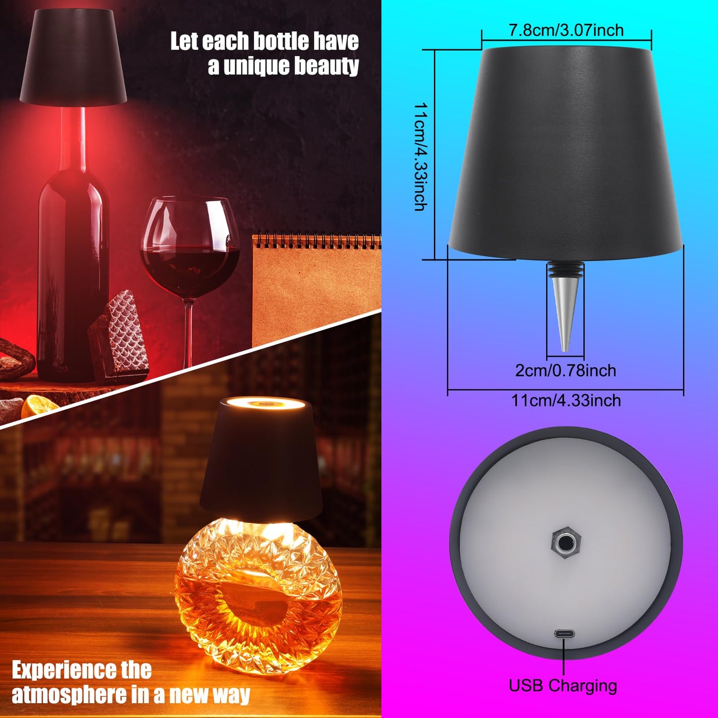 Tgxcf Wireless Bottle Lamp With Metal  Rgb Modes & 3 Color Stepless Dimming Wine Bottle Lamp Shade  Touch Led Rechargeable Dimmable Bottle Table Lamp  For Dining Room Bedroom Bar(Black)